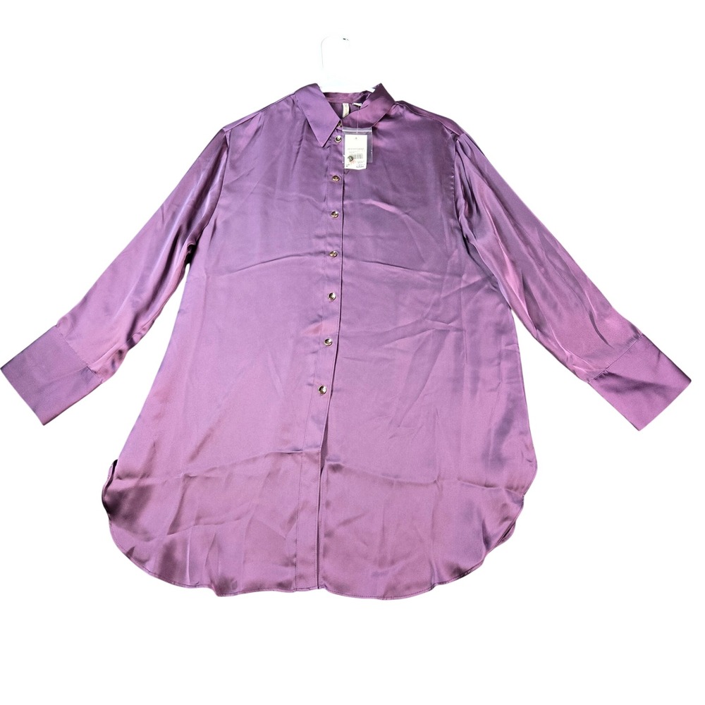 Cato Women's Purple Satin Button Down Tunic Shirt Long Sleeve Grape Jam Size M